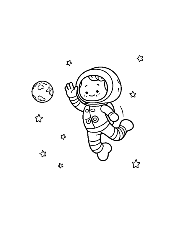Astronautin im Weltall — einfaches Ausmalbild für Kleinkinder