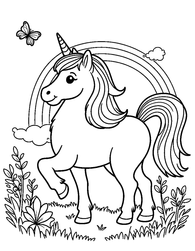 Unicorn in a Flower Meadow — simple coloring page for toddlers