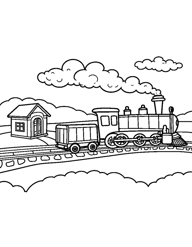 Lokomotive mit Waggons — einfaches Ausmalbild für Kleinkinder