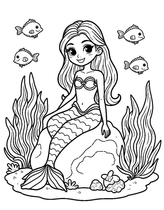 Mermaid at the Reef — simple coloring page for toddlers